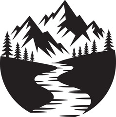 Majestic mountains & winding river landscape icon
