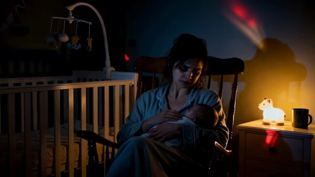 An exhausted young mother holds her newborn baby while sitting in a dark nursery at night, a poignant scene depicting the challenges of motherhood, sleep deprivation, and postpartum depression