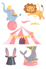 Set of cute cartoon circus animals, acrobat elephant, lion jumping through a hoop, juggler seal, rabbit and lion, magician hat, circus tent, flat vector illustration