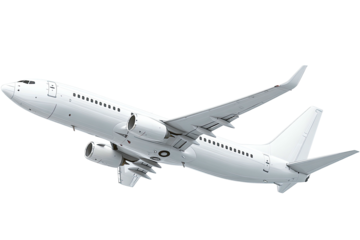 A detailed side view showcases a sleek, white passenger jet soaring through an ethereal black void