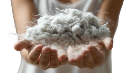 A close-up of hands cupping a cloud-like mass of fluffy, gray fibers, floating gently