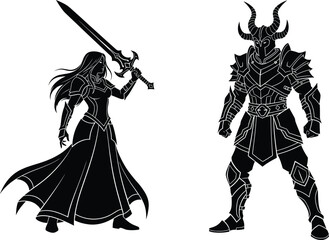 Fantasy warrior duel, silhouette confrontation, female fighter with sword, armored male knight, dramatic battle pose, epic standoff, tension, power, conflict, magic