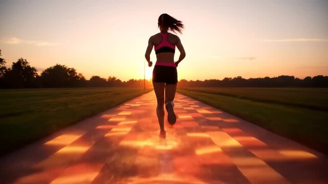 Runner from behind accelerates as the ground turns into colorful rhythmic abstract shapes. - Generative AI 