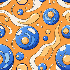 Whimsical seamless pattern of blue spheres and orange swirls on a bright orange background