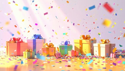 A festive arrangement of colorful gift boxes sits on the floor as vibrant confetti rains down during a happy celebration