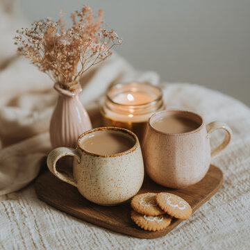 Two ceramic cups of tea on a small wooden table with gingerbread cookies, a tiny golden candle and a mini vase with
