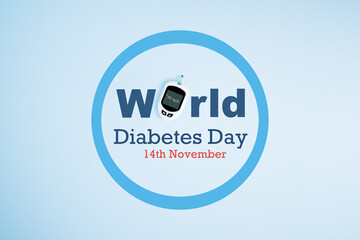 Blue circle symbol with glucose meter and World Diabetes Day inscription, global awareness poster, health and medical concept. World diabetes day banner for design.