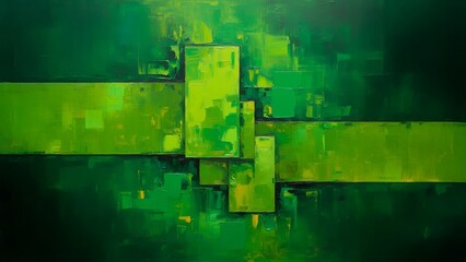A modern, abstract oil painting with a heavy impasto texture. The geometric composition features a vibrant, monochromatic palette of green, symbolizing nature and ecology.