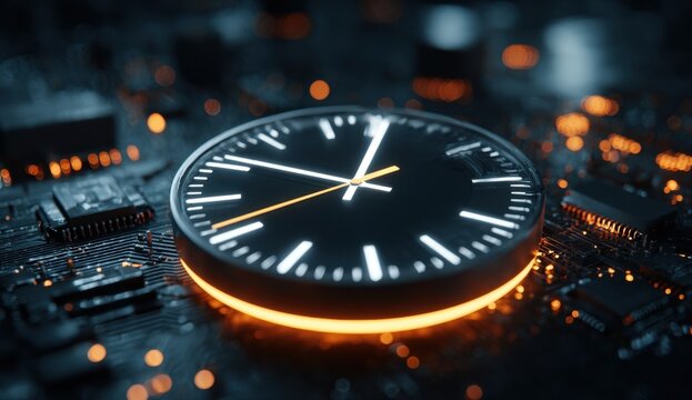Close-up of a modern digital clock with glowing edges on a circuit board