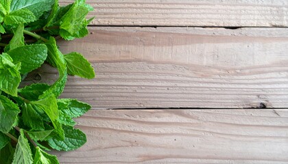 Fresh Mint Leaves on Rustic Wooden Table for Premium Herb Object and Refreshing Ingredient Concept © Artbi