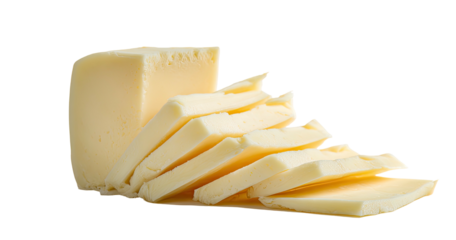 A block of pale yellow cheese next to several overlapping sliced pieces, isolated on black