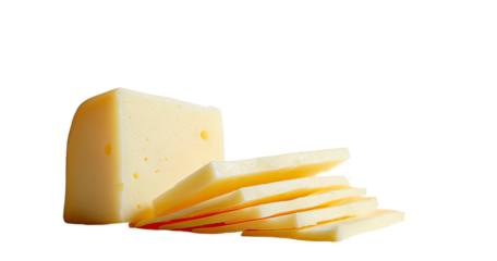 A block of cheese with several slices, cut and arranged, set against a dark backdrop