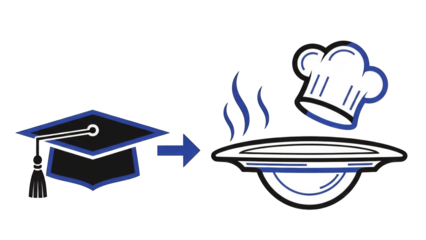 Graduation cap transforming into a chef's hat and a steaming dish.