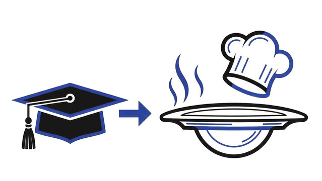 Graduation cap transforming into a chef's hat and a steaming dish.
