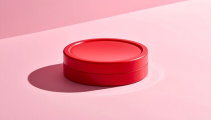 Glossy red circular plate placed on soft pink surface with subtle shadow