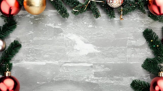 Overhead cinematic light grey stone table, red white Christmas wrapping paper, elegant wrapped gifts, pine holly berries, festive ornaments diagonal lines, 4K flat lay top holiday background