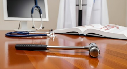 Doctors desk with a reflex hammer, stethoscope, computer monitor, and open medical book