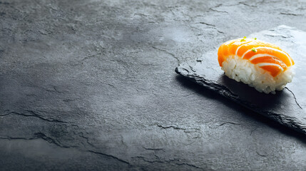 Single sushi piece on slate board with soft shadow and white empty space to the right
