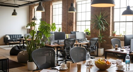 Modern openplan office interior with natural light, plants, and workstations, creating a collaborative workspace atmosphere