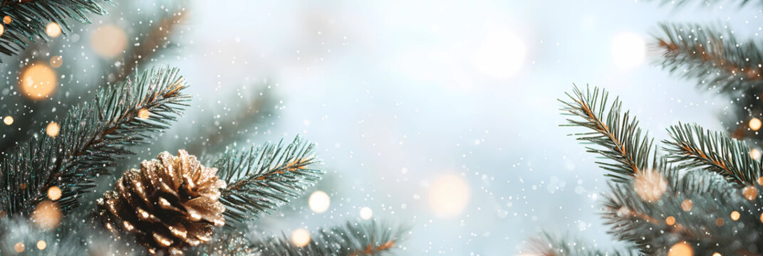 snow covered pine needles Christmas festive banner background image with copy space