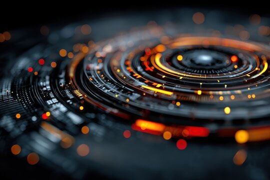 Abstract futuristic technology circle with orange and blue light elements, data streams and glowing particles circulating around a dark center
