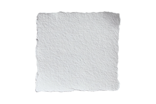A textured, handmade square paper with irregular edges, isolated on a black background
