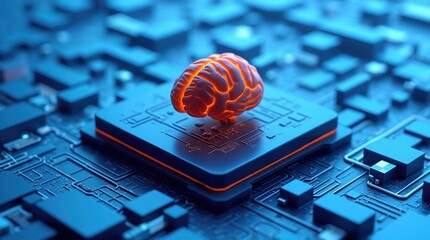 Glowing artificial brain on a futuristic computer chip
