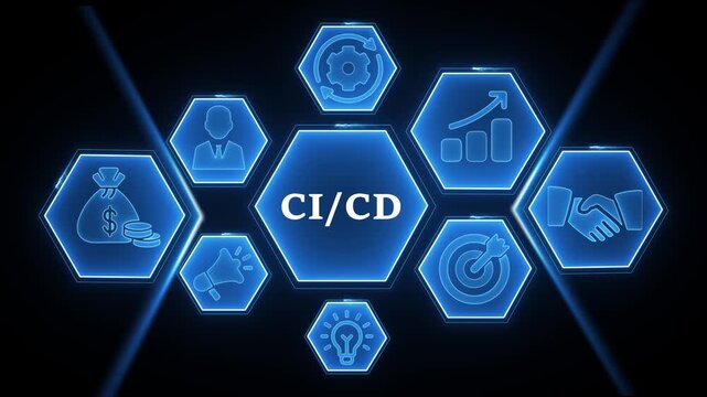 Blue Hexagonal Network With CICD Central Concept And Business Icons On Dark Background ci cd continuous integration