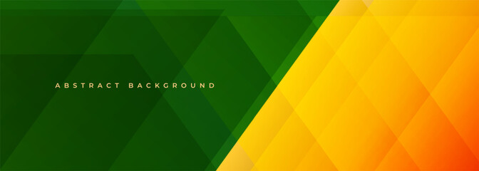 Green and orange modern abstract wide banner with geometric shapes. Dark green and yellow abstract background. Vector illustration