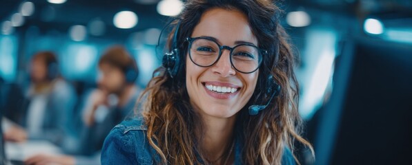 Close-up of a smiling woman with glasses wearing headphones in a busy setting