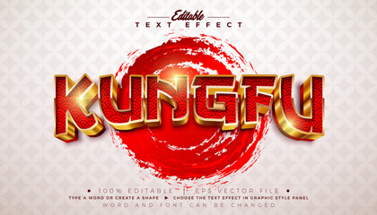 Chinese Kungfu 3D Text Effect Design Editable Vector Graphic Style with Shadow and Red Golden Typography Lettering on Abstract Asian Traditional Pattern Background. Premium Scalable Illustration