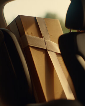 A large cardboard box securely strapped in the back seat of a car.