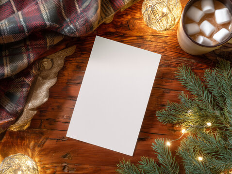 A cozy holiday scene with a blank card, hot chocolate, and festive decorations on a wooden table. - Powered by Adobe