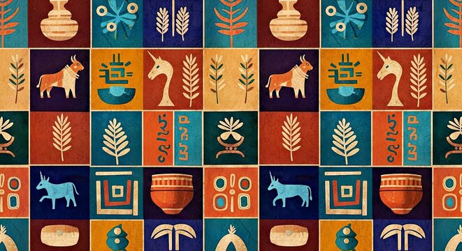A seamless pattern of vibrant abstract digital art with deconstructed motifs from the ancient Indus Valley
