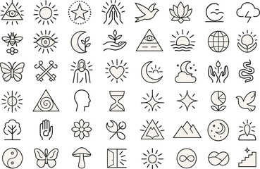 Spiritual and Nature Line Icons &ndash; Mystical, Esoteric, and Mindfulness Symbol Set