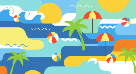 Vibrant seaside escapade with stylized waves, beach essentials, and playful elements