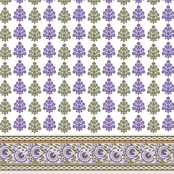 Traditional Indian textile design featuring a booti pattern and an intricate floral border. Ethnic block print style in purple and green. Ideal for sarees, dresses, and ethnic home decor