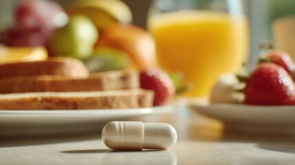 Close-up of a white capsule pill on a table with breakfast foods and orange juice