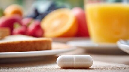 Close-up of a white capsule pill on a wooden with breakfast items in