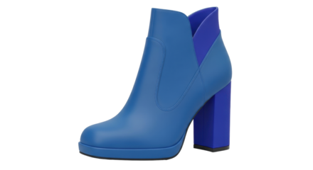 Isolated modern blue ankle boot stands on a platform with a block heel for the autumn season