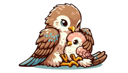 A heartwarming illustration of a mother bird tenderly embracing her small chick, both depicted in a cute, cartoonish style with large, expressive eyes.