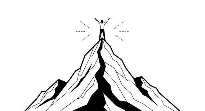 Reaching new heights silhouette of a climber standing triumphantly on a mountain peak