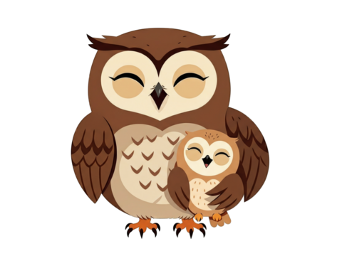 A loving mother owl tenderly embraces her small baby owlet in a cute cartoon illustration.