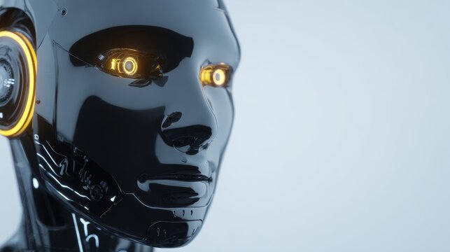 Futuristic humanoid robot face with glowing eyes and digital interface elements in a clean setting