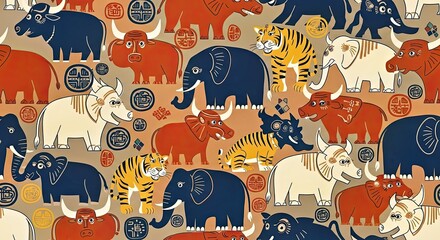 Whimsical seamless pattern of stylized and playful Indus Valley animal figures like bulls and tigers