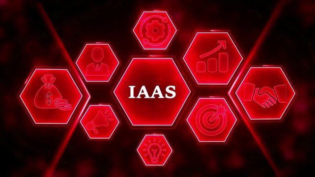 Red Hexagonal Network of Business and Technology Icons Surrounding the Word IAS IAAS infrastructure as a service