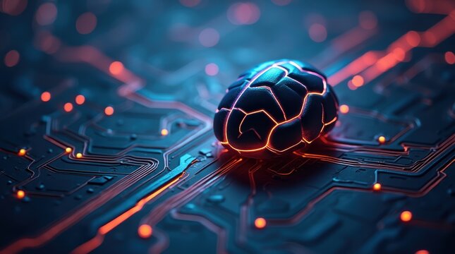 Glowing artificial intelligence brain on a circuit board with digital connections