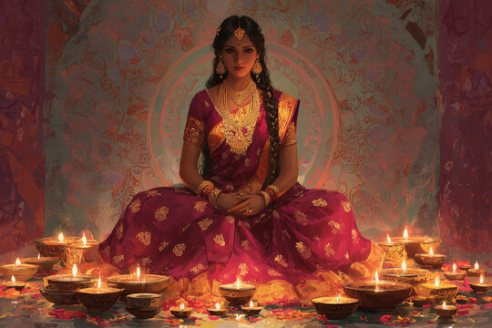 Digital painting of Goddess Lakshmi with diyas and yantras for Diwali.