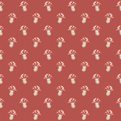 Mushroom Painting style Pattern on Chestnut Color Background.Drawing Cartoon Pattern