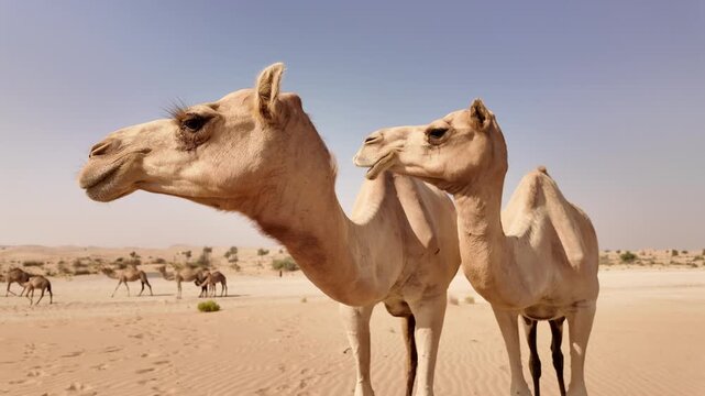 Middle Eastern camels in the desert in Abu Dhabi, UAE